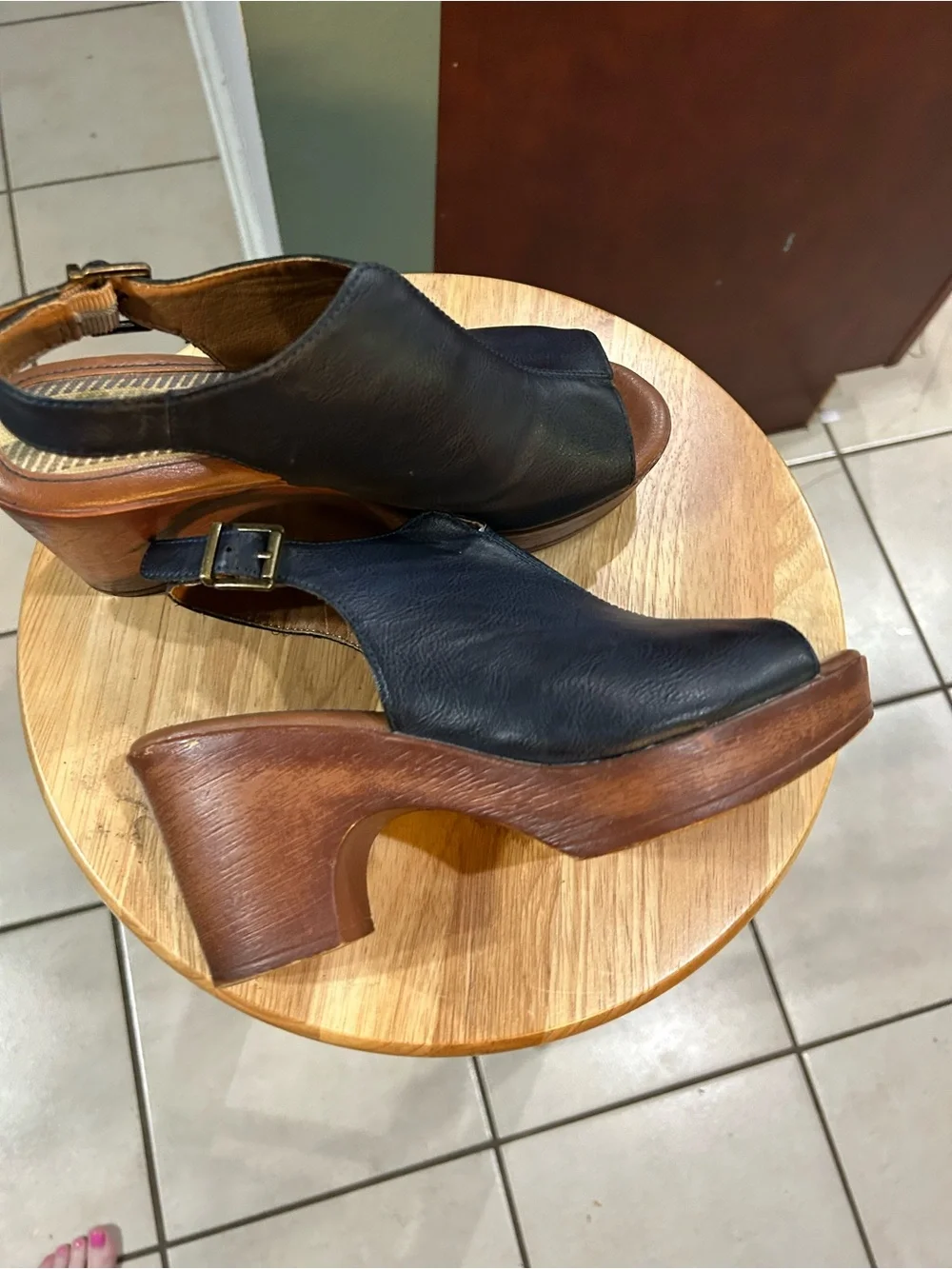 Women’s Open-Toe Slingback Platform Heels in Navy and Brown